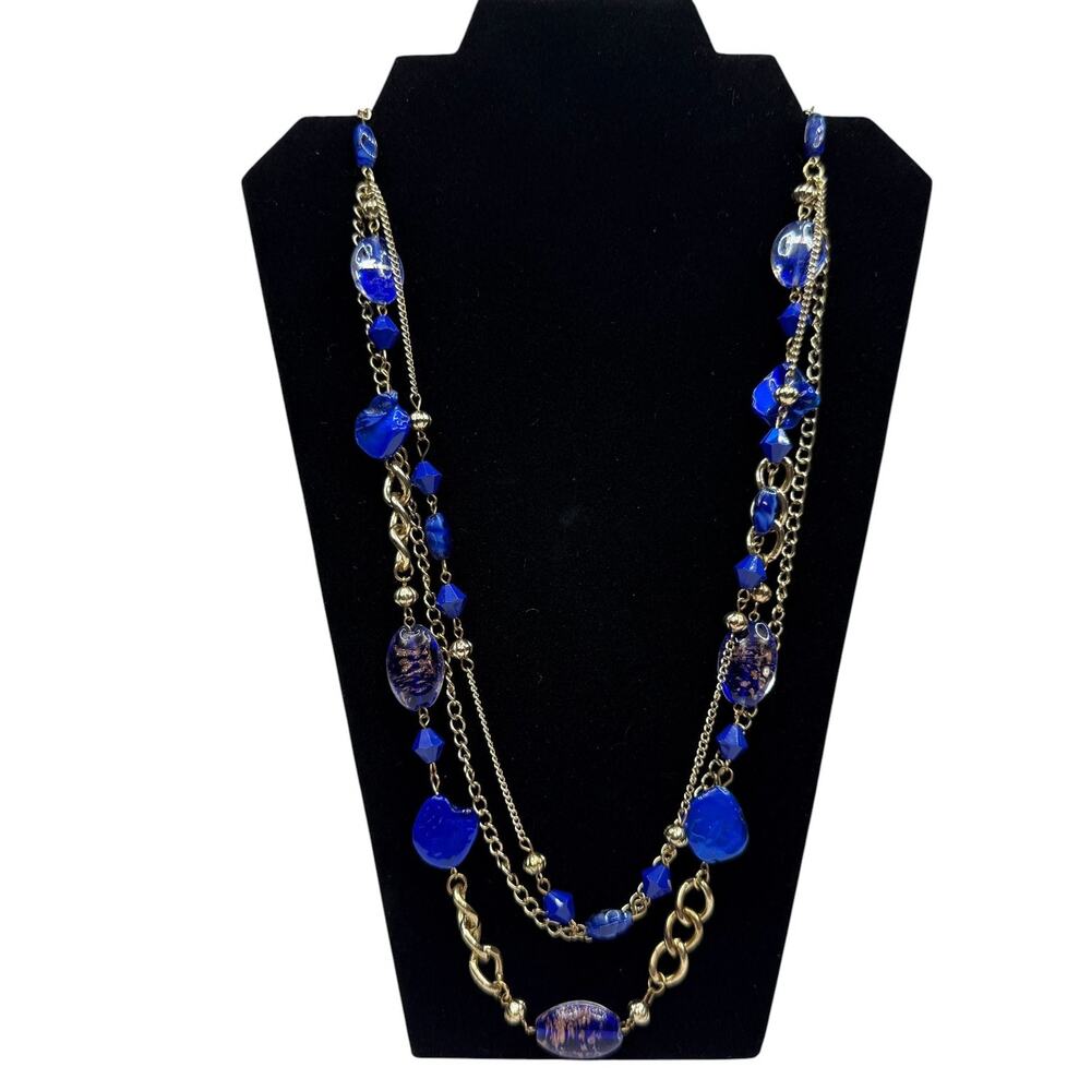 Multi-Strand Murano Style Glass Blue Gold Tone Necklace Statement Jewelry 33"